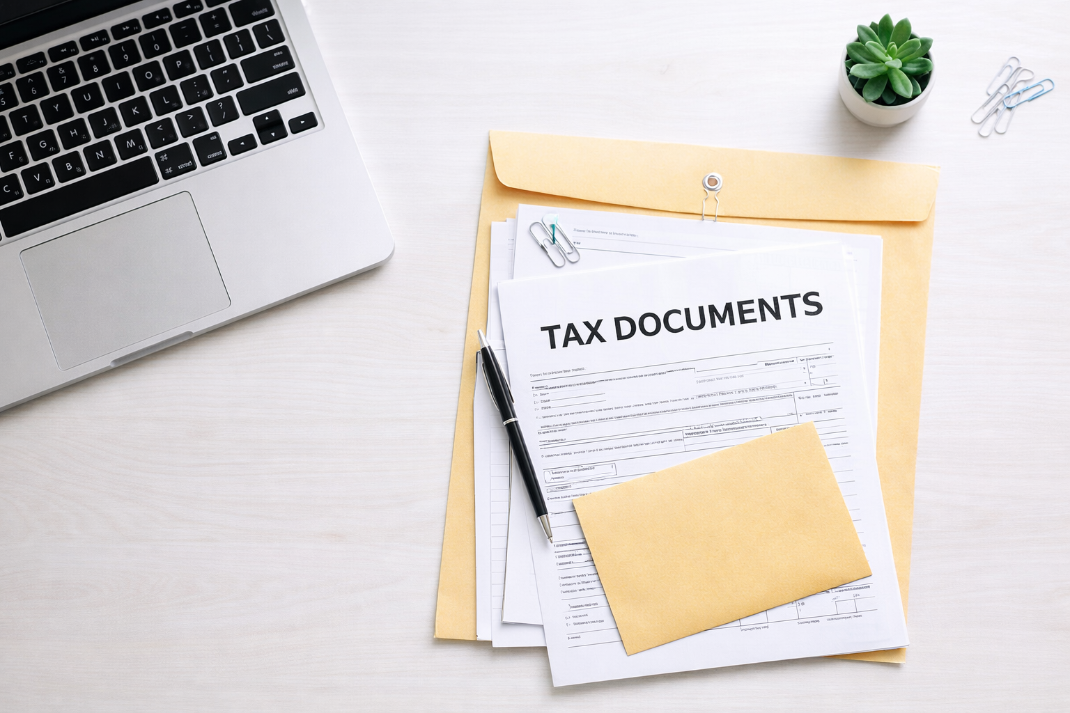 Organized tax documents and envelope for mail-in tax preparation