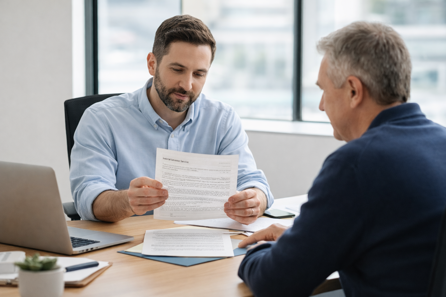 Tax professional reviewing documents with client in office